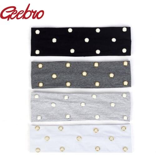 Geebro Fashion Women Girls Pearls Cotton Headbands Plain Flat Stretchy Hairband For Female Turban Wraps Hair Accessories DD759
