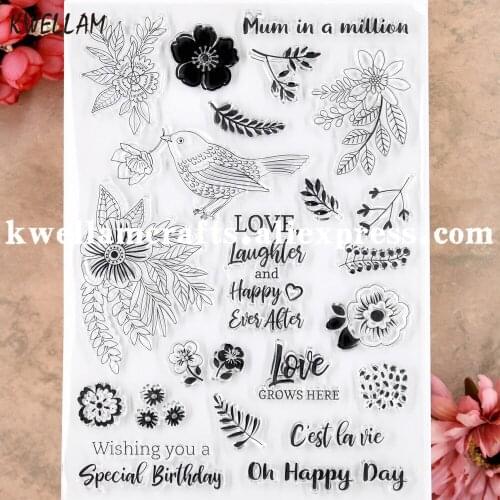 Happy Day Bird Flowers Leaves Love Grows Here Birthday Scrapbook photo cards rubber stamp clear stamp transparent stamp 9081514