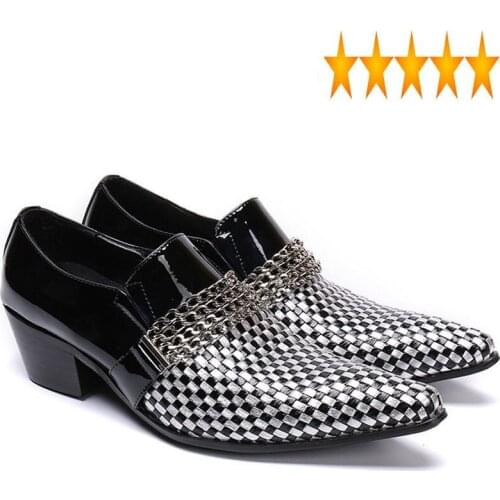 Loafers Quality Brand High Genuine Leather Dress Fashion Checkered Business Large Size Pointed Toe Men Wedding Shoes