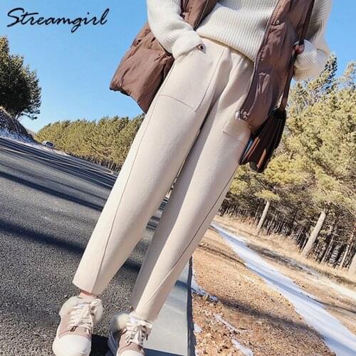 Knitted Cashmere Harem Pants Women Warm Black Casual Loose Womens Spring Wool Pants With High Waist Black Trousers Women Office