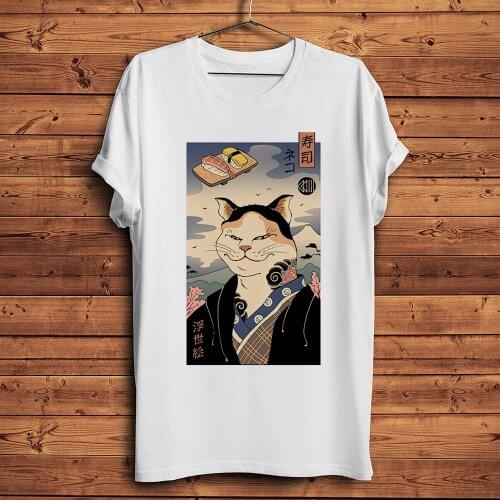 Japna Ukiyoe cat sushi chef master funny tshirt men summer new white casual short t shirt unisex Ukiyo streetwear tee