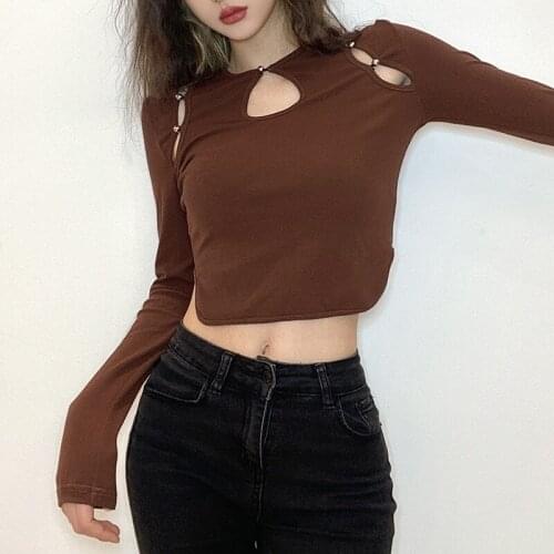 2021 summer new womens fashion stitching short long-sleeved T-shirt solid color sexy hollow top