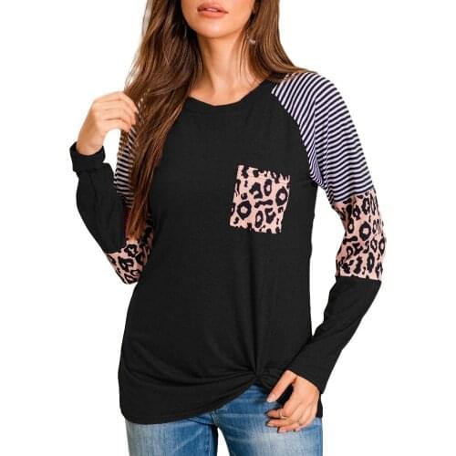 Women Leopard Print Color Block Tunic Round Neck Long Sleeve Shirts Striped Causal Loose Blouses Plus Size Patchwork Tops