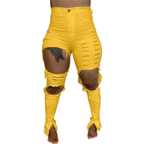 2021 New Sexy Ripped Skinny Slim Jeans for Women Summer Fashion Casual Hole Cotton Denim Pencil Pants Trousers Streetwear Ddlg