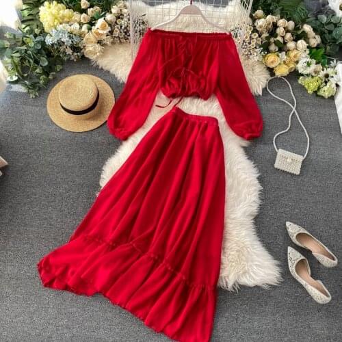 Beach Style Two Piece Set Women Dresses 2020 Summer Solid Ropa Mujer Sexy Off Shoulder Tops+ Long Skirts 2 Piece Set