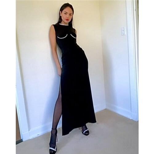 Winter Sexy O Neck Diamonds Crystal Black Maxi Long Women Bodycon Bandage Dress 2021 Designer Evening Party Dress Vestido