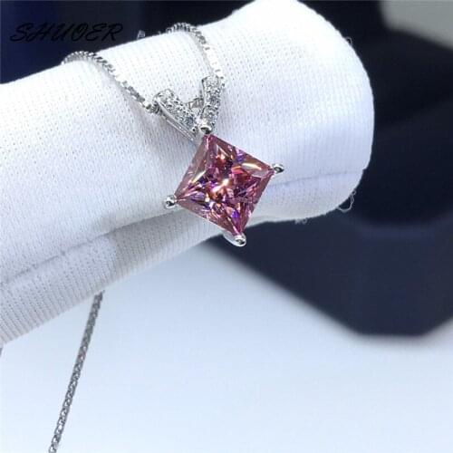 Women Classic 925 Sterling Silver Princess Cut 1 Carat Pass Diamond Tester Best Quality Square Pink Moissanite Pendant Necklace