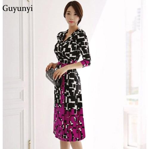 Office Lady Dress 2021 Autumn High Waist Wrap Dress V-Neck Three-Quarter Sleeve Geometric Patterns Elegant Party Dress Women