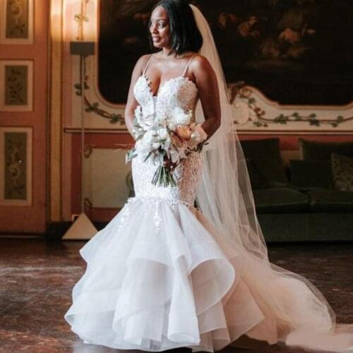 2020 Gorgeous Lace Mermaid Wedding Dresses Tiered Ruffles Spaghetti Strap Bridal Party Gown Custom Elegant Wedding Gowns
