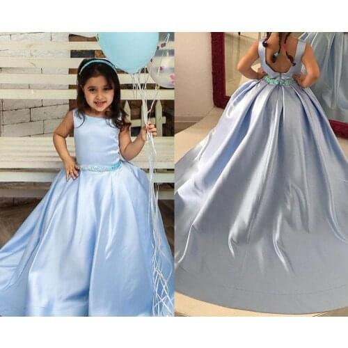 Blue Satin Sleeveless Flower Girls Dresses Ball Gowns Blue Satin Girls First Communion Dresses Ball Gowns Custom Handmade
