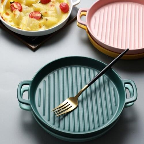 Nordic Binaural Baking Plate Round Ceramic dish Creative tray Oven Baked Rice Heat Resistant Plate Fruit Salad Plate CL41301