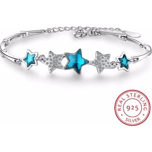 Elegant Blue Crystal Pentagram Link Chain Bracelet 925 Sterling Silver Cubic Zirconia Bracelet For Wedding Gift S-B299