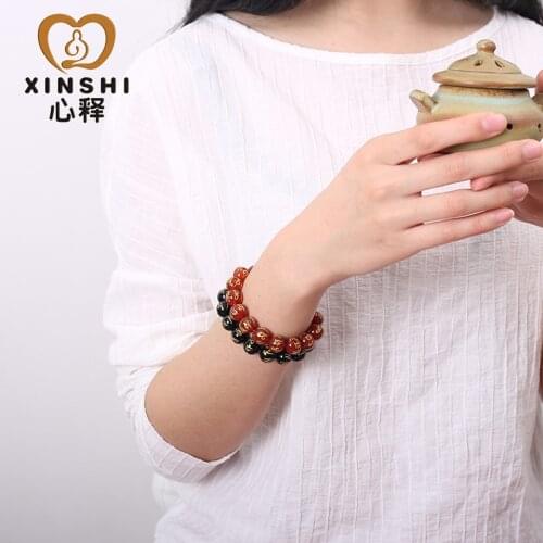 Black and red agate six word mantra single circle Buddha pearl Ming mantra mens and womens bracelet bracelet