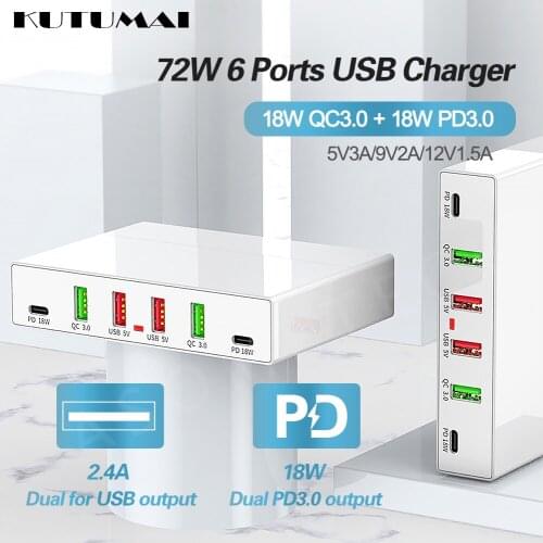 18W Fast Charging Multiple Port USB Charger QC3.0 Type-c PD 3.0 Phone Charger Station Quick Charger For iPhone Samsung Xiaomi