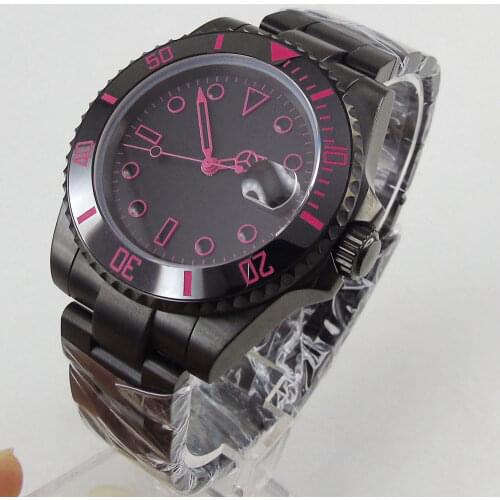 40MM Black Sterile Dial Sapphire Glass PVD Coated Ceramic Bezel Pink Number Date MIYOTA 8215 Movement Automatic Mens Watch