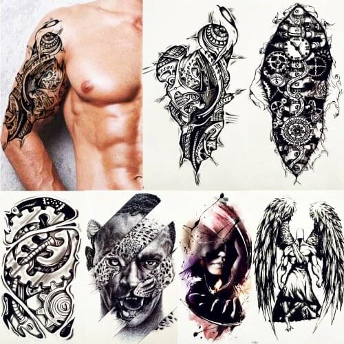 FANRUI Robot Arm Mechanical Gear Cool Temporary Tattoo Sticker Leopard Men Body Art Black Tatoo Draw City Waterproof Tattoos