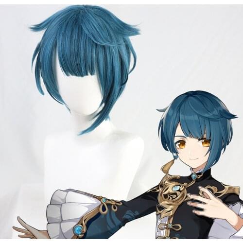 Genshin Impact XINGQIU Cosplay Wig Blue Short Heat Resistant Hair Women Halloween Role Play Genshin Impact Wig