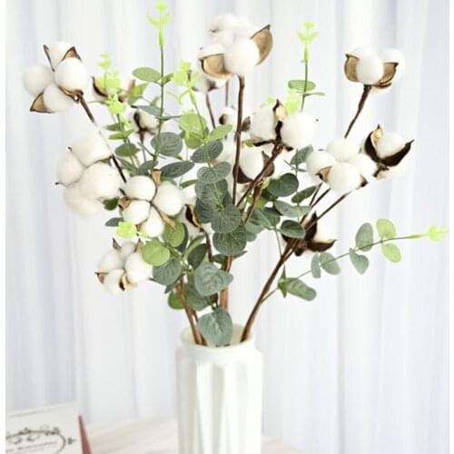 Artificial Cotton Stems Decor with Eucalyptus Leaves 4 Cotton Heads Natural Cotton Flower Wedding Home DIY Decor