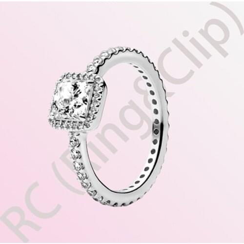 Classic & Crystal Authentic 100% 925 Sterling Silver Women Rings Square Sparkle Halo Rings for Women DIY Anniversary Jewelry