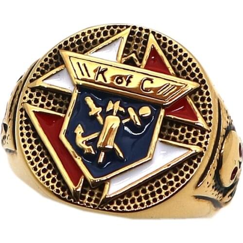 Unisex 316L Stainless Steel Knights of Columbus Christianity Catholicism K of C Cross Skull Gold-Color Ring