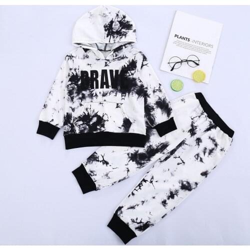 New Boy’s T-shirt and Trousers Suit Unique Letter Long Sleeve Hooded Tops and Tie-dye Long Pants