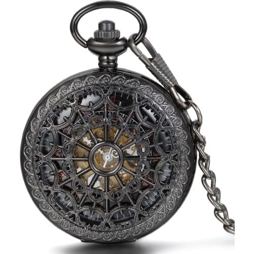LANCARDO Antique Black Hollow Spider Web Roman Numerals Dial Pendant Fob Watch Steampunk Pendant Hand Winding Pocket Clock Gifts