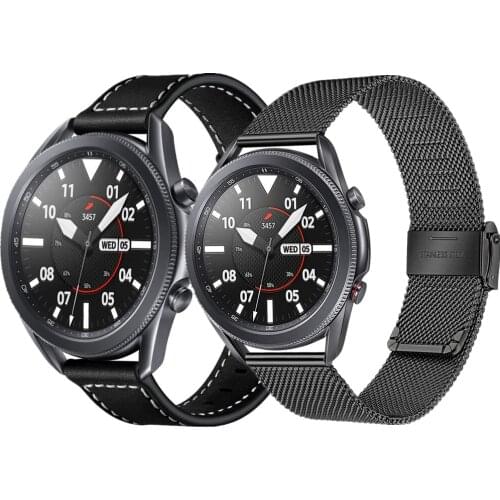 For Samsung Galaxy Watch 3 45mm Band Sets 22mm Stainless Steel Mesh Metal Strap+Leather Bracelet for Galaxy Watch 46mm wristband