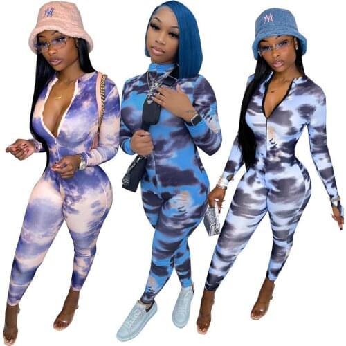 Fashion Sexy Womens One Piece Outfits Tie Dye Printing Sports Zipper Long Sleeves Ankle Length Tight Wholesale Dropshipping