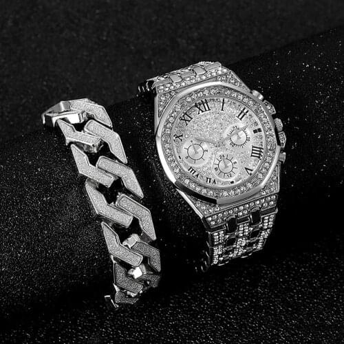 Watch with Bracelet for Men Cuban Chain Men Bracelet Iced Out Watch for Men Luxury Hip Hop Gold Watch Men Set Religio Masculino