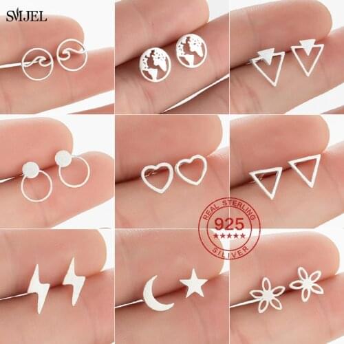 Genuine 925 Sterling Silver Geometric Stud Earrings Small Triangle Studs Heart Flower Lightning Bolt Earrings creoles d oreille