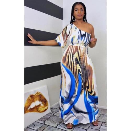 Slim Fit Single Shoulder Half Sleeve Long Dress Womens Casual Loose Vestidos Fashionable Blue Printed One Shoulder Maxi Dresses