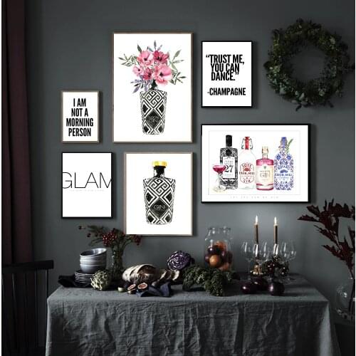 Flower Gin Wine Poster Black White Champagne Glam Quote Kitchen Wall Art Print Canvas Painting Modern Pictures Dining Room Decor