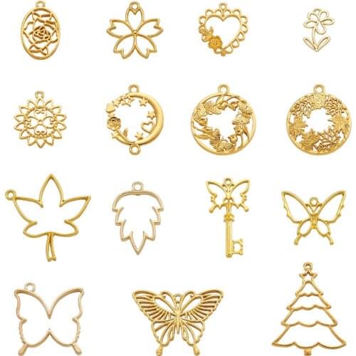 30pc Open Base Seetings Golden Back Bezel Pendants Butterfly Flower Christmas Tree Heart Frame Charms for DIY Epoxy Resin Crafts
