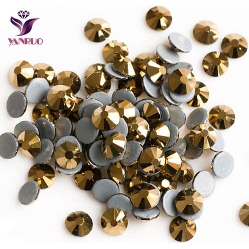 YANRUO Rhinestones Gold Aurum Strass Hot Fix Crystal Golden Color Hotfix Heat Iron on Dress Shoes Glass Sewing Rhinestones