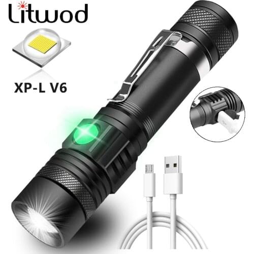 Ultra Bright LED Flashlight With XP-L V6 LED Lamp Beads Waterproof Torch Zoomable 4 lighting Modes Multi-function USB Charging