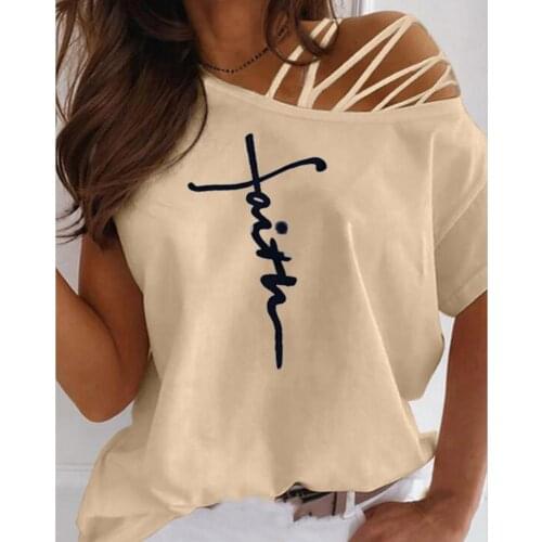 Women Tops Letter Print One Off Shoulder Strappy Slant Collar Blouse T-shirt Streetwear Футболка