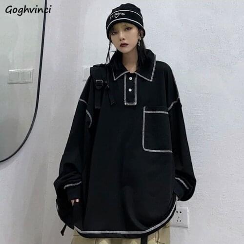 Women Hoodies Pullovers Patchwork Boyfriend Harajuku Cool Girls Button Black College Students Females Tops Spring Sweatshirt New
