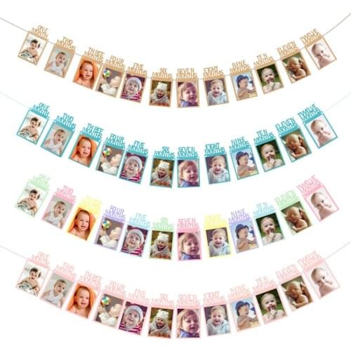 12 Months Photo Frame Banner Baby Boy Girl First Happy Birthday Hanging Decorations One Year Party Garland Supplies