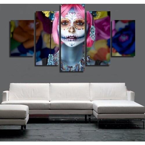 5 Panels Halloween Skull Face Girl Wall Art Picture Home Decoration Living Room Canvas Print Wall Picture Printing On Canvas