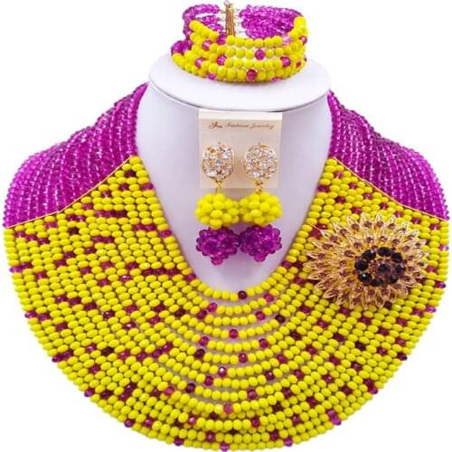 ACZUV Nigeria Traditional Wedding Jewelry Set Purple and Yellow African Necklace Crystal Beaded Bridal Jewelry Sets 15C-014