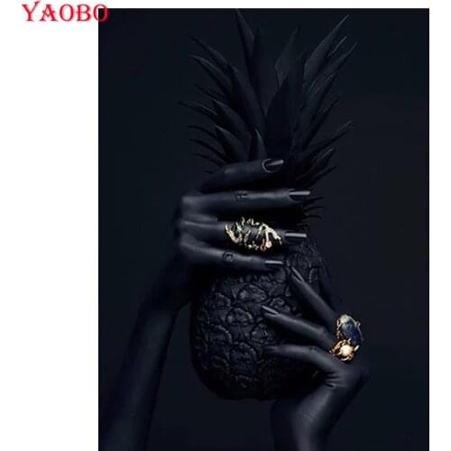 Full Square Round DIY 5D Diamond Painting Black Hand with Pineapple Diamond Mosaic Cross Stitch Embroidery Rhinestone Pictures
