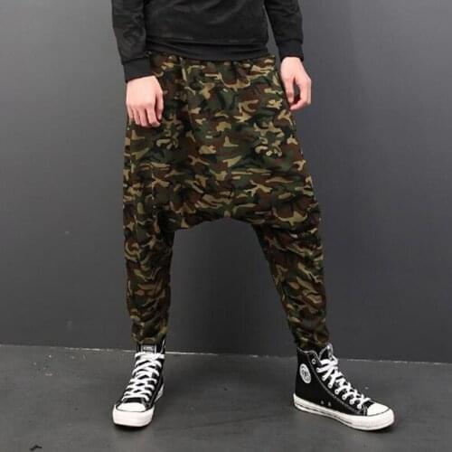 Mens new trendy trousers hip hop personalized camouflage print harem pants Streetwear crotch casual pants