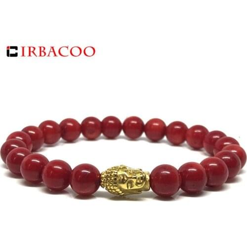 IRBACOO 2020 Cool Mens Bracelet Red Coral Stone Stainless Steel Gold Buddha Head Charm Bracelet For Men Women Jewelry