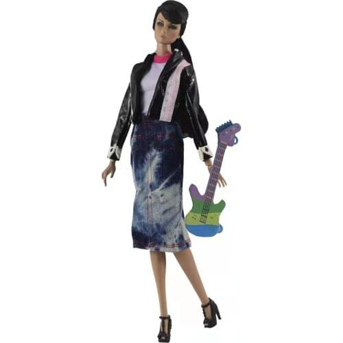 Leather 11.5" Doll Clothes for Barbie Clothes Outfits Set Coat Jacket Shirt Top Guitar Jeans Skirt 1/6 BJD Accessories Toy Gifts