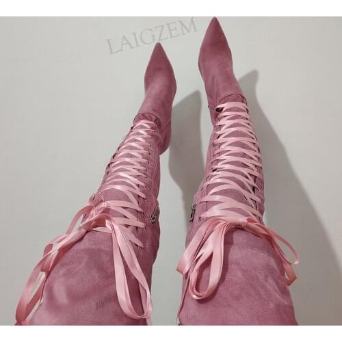 LAIGZEM FASHION Women Over Knee Boots Faux Suede Side Zip Thin Heels Thigh Boots Girls Shoes Woman Handmade Large Size 41 46 47