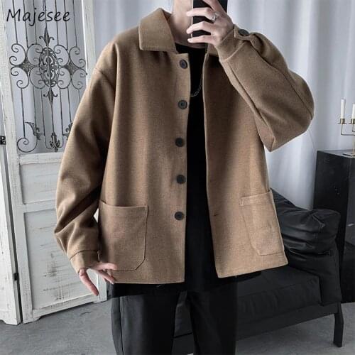Wool Men Solid Turn-down Collar Single Breasted Pockets Full Sleeve Male Overcoats Baggy Chic Handsome Casual Harajuku Simple