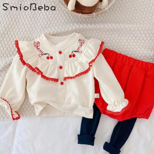 Baby Girls' Suit 0-3 Year Old Baby Spring Lovely Fruit Embroidery Fake Two Piece Pants Sets Long Sleeve Cherry Shirt+ Pants Kids