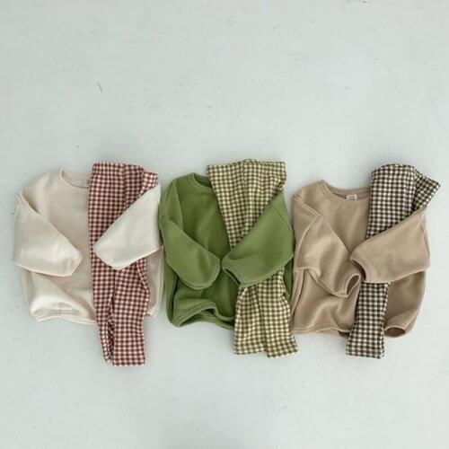 Spring Autumn Baby Boy Girl Long Sleeve Pure Color T-shirt + Grid Pants Suit Infant Kids Baby Boy Girl Children Clothes Suit