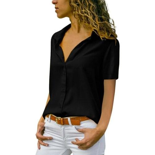 Solid Womens Tops And Blouses Office Lady Casual Short Sleeve Womens Shirts Turn Down Collar Button Loose Ladies Tops Blusas