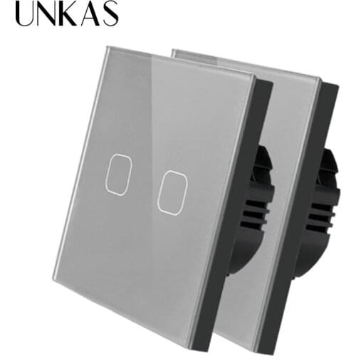 UNKAS Tempered Crystal Glass Panel EU Standard 1 / 2 Gang 1 Way Light Wall Screen Touch Switch 2 Pcs 86MM*86MM